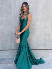 Green v neck mermaid long prom dress, mermaid evening dress