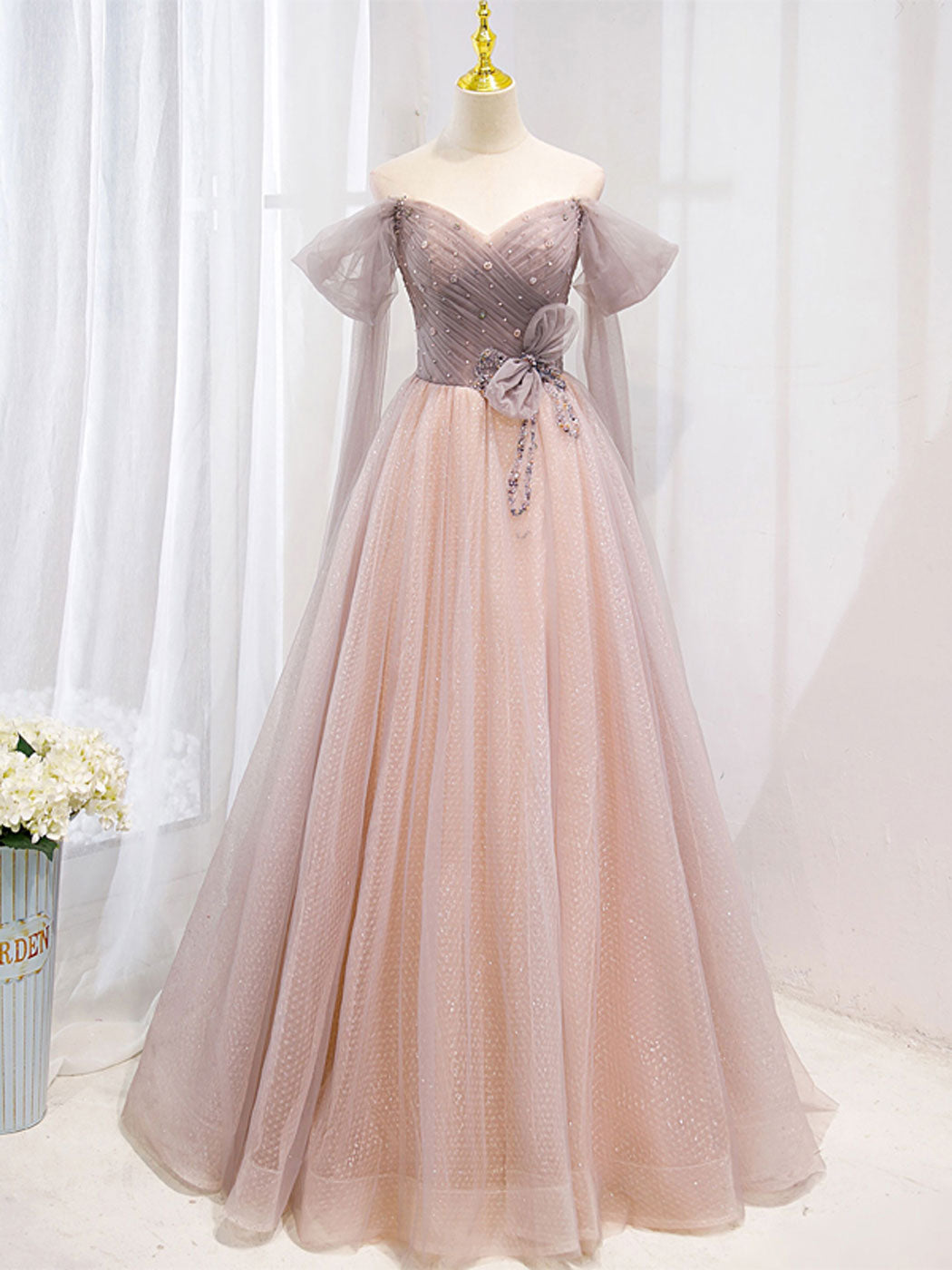 Pink tulle beads long prom dress, pink tulle formal dress