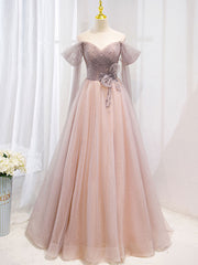 Pink tulle beads long prom dress, pink tulle formal dress