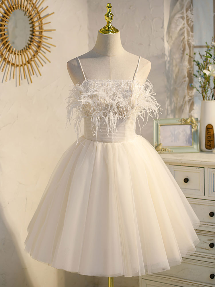 Beige tulle lace short prom dress, Beige homecoming dress