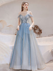 Blue tulle lace off shoulder long prom dress, blue evening dress
