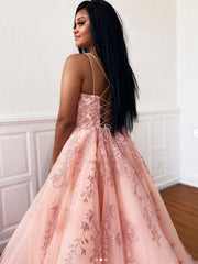 Pink tulle lace long prom dress pink tulle formal dress