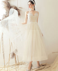White sweetheart A line tulle tea length prom dress bridesmaid dress