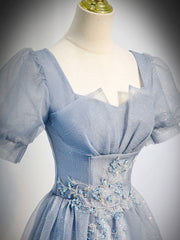 Gray blue tulle sequin long prom dress, gray blue evening dress