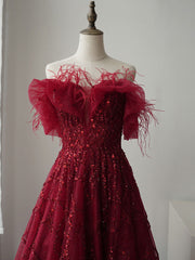 Burgundy tulle sequin long prom dress, burgundy evening dress