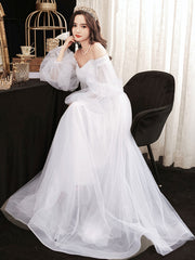 Simple white tulle long prom dress, white tulle formal dress