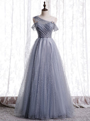 Gray one shoulder tulle long prom dress gray tulle evening dress