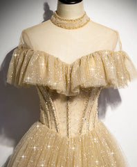 Gold tulle lace long prom dress gold sweet 16 dress