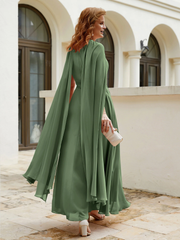 Long cape A-line gemstone collar chiffon mother of the bride dress