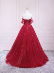 Burgundy sweetheart tulle long prom dress, burgundy evening dress