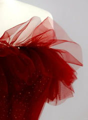 Wine Red Tull A-line Scoop Long Prom Dress, Wine Red Tulle Evening Dress