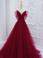 Wine Red Tulle V-neckline Long Party Dress, Wine Red Tulle Prom Dress