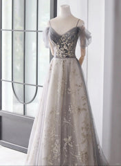 A-line Grey Off Shoulder Sweetheart Tulle Prom Dress, Grey Long Evvening Dress