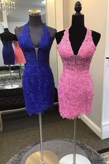 Pink Halter V-Neck Applique Rhinestone Tight Homecoming Dress
