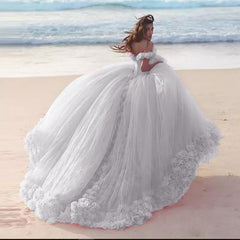 Romantic Poofy Pink Floral Wedding Dresses Off the Shoulder Ball Gown Quinceanera Dress SA933