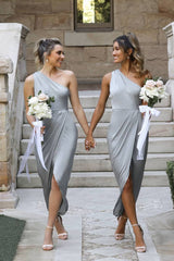 One Shoulder Asymmetrical Silver Bridesmaid Dress