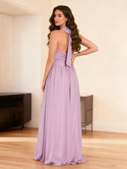 Halter Neck Pleated Ruffles Chiffon A-Line Dress Wisteria