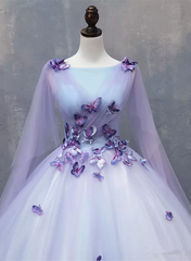 Lavender Tulle Long Formal Dress with Butterflies，Lavender Sweet 16 Dress