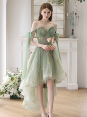 Light Green High Low Floral Tulle Formal Dress, High Low Homecoming Dresss