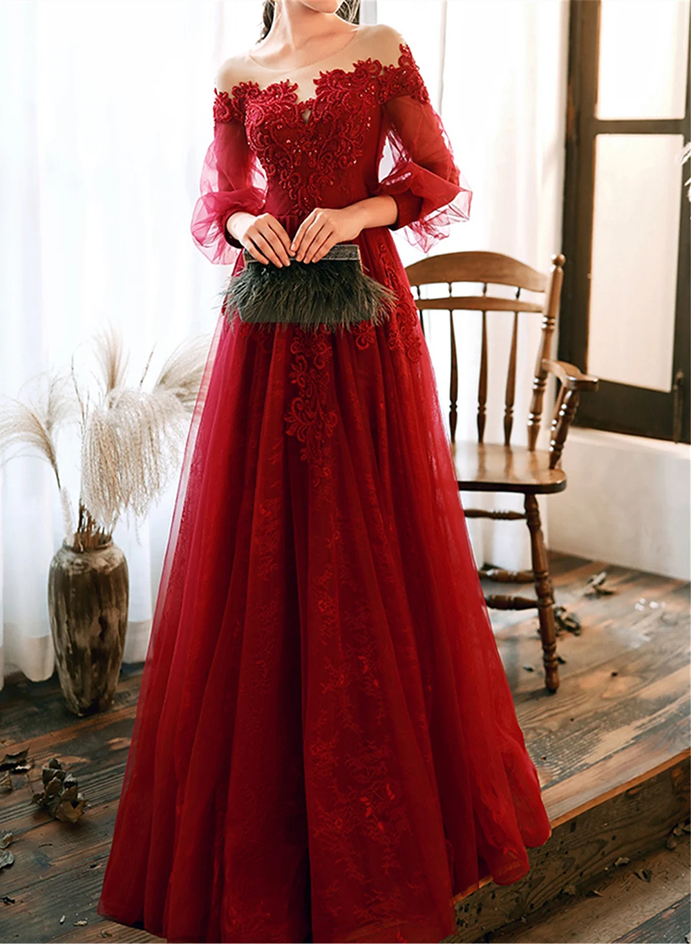 Wine Red Prom Dress Lace Evening Dress Party Dress, A-line Wine Red Formal Dress