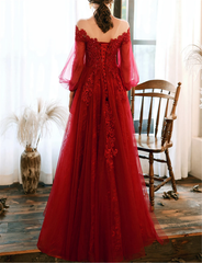 Wine Red Prom Dress Lace Evening Dress Party Dress, A-line Wine Red Formal Dress