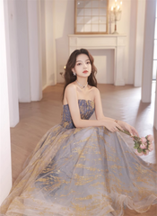 A-line Blue Gradient Tulle Lace-up Formal Dress, Blue Floor Length Prom Dress Party Dress
