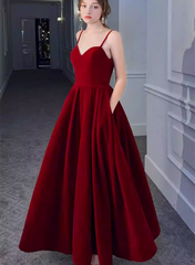 Wine Red Velvet Long Formal Dress Party Dress, V-neckline Straps Prom Dress