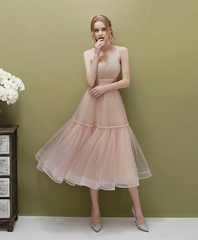 Cute Tea Length Tulle Straps Party Dress, A-line Tulle Formal Dress Evening Dress