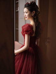 Wine Red Short Sleeves Tulle Long Party Dress, Wine Red A-line Floor Length Prom Dress