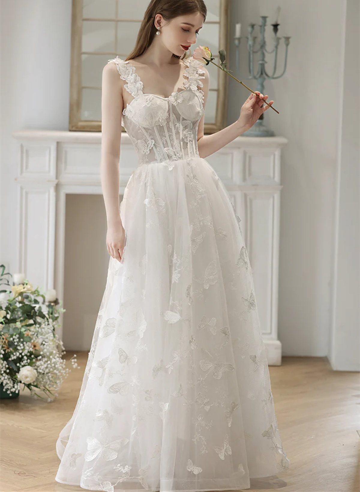 White Straps Lace Sweetheart Long Formal Dress, White A-line Floor Length Prom Dress