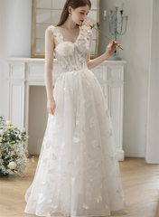 White Straps Lace Sweetheart Long Formal Dress, White A-line Floor Length Prom Dress