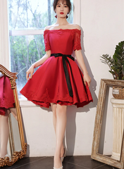 Red Satin Knee Length with Lace Party Dress, Red Short Homecoming Dress