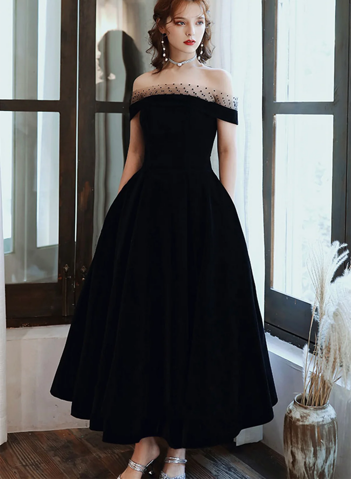 Off Shoulder Black Velvet Party Dress, Black Short Homecoming Dress Evening Dress