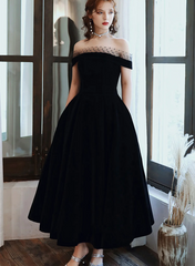 Off Shoulder Black Velvet Party Dress, Black Short Homecoming Dress Evening Dress