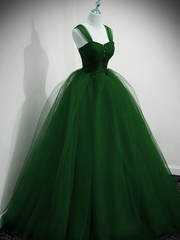 Green Beaded Tulle Off Shoulder Long Party Dress, Green Tulle A-line Prom Dress