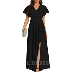 A-line Elegant V Neck Ruffle Split formal dresses Bridesmaid Dresses evening gown Prom Dress