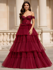 Off-the-shoulder Beaded Corset Tiered Tulle Dress Burgundy