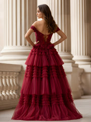 Off-the-shoulder Beaded Corset Tiered Tulle Dress Burgundy