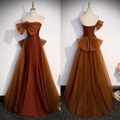 Mermaid Brown Tulle Satin Strapless Long Party Dress Formal Dress Prom Dress