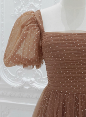 Lovely Simple Tulle Short Sleeves A-line Party Dress, Long Tulle Formal Dress Evening Dress
