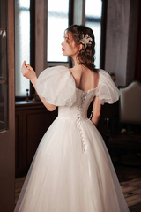 White Puffy Short Sleeves Sweetheart Wedding Party Dress, White Tulle Long Prom Dress