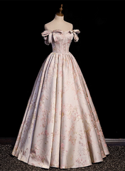 Pink Statin Off Shoulder Floral Long Party Dress, Pink Sweetheart Prom Dress Evening Dress