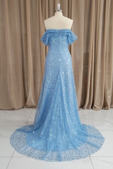 Blue Sequins Off Shoulder Sweep Train Party Dress, Blue Sweetheart Long Formal Dress