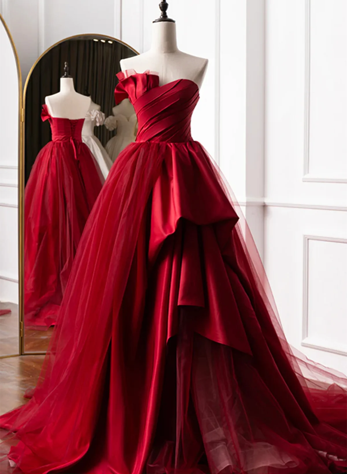 Red Tulle and Satin Long Sweetheart Party Dress, Red Evening Dress Prom Dress
