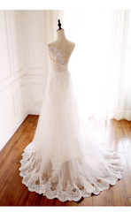 Ivory Tulle with Lace Round Neckline Long Wedding Party Dress, Ivory Tulle Prom Dress