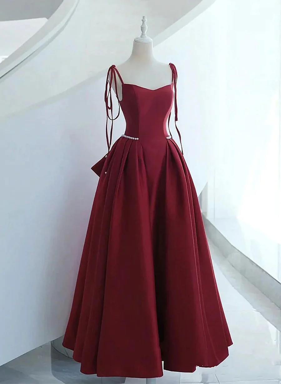 Wine Red Satin Straps Long Party Dress, Wine Red Floor Length Formal Dress Prom Dress