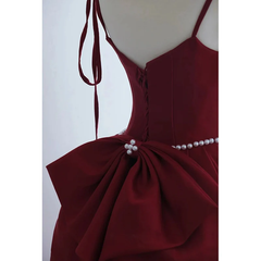 Wine Red Satin Straps Long Party Dress, Wine Red Floor Length Formal Dress Prom Dress