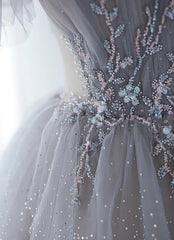 Chic Grey Beaded Layers Tulle Long Formal Dress, Grey Off Shoulder Prom Dress