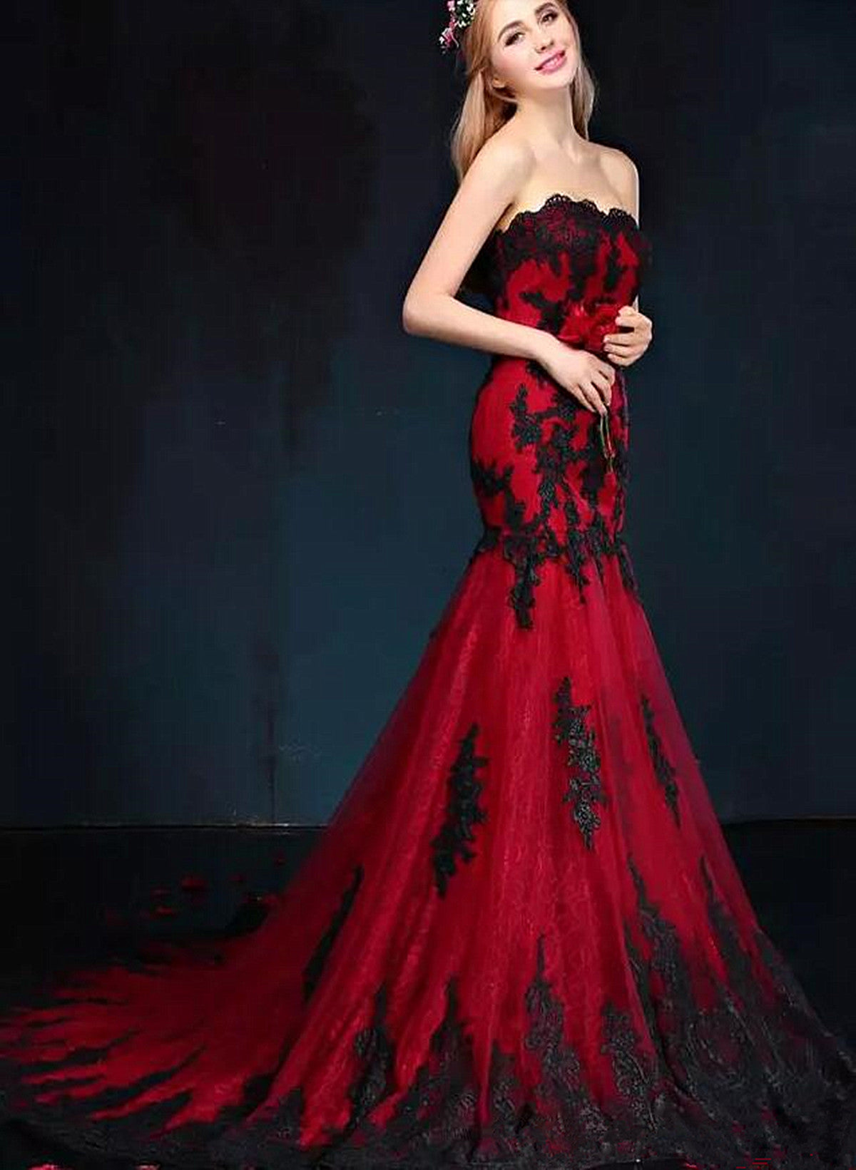 Wine Red Mermaid Long Party Dress with Black Lace, Mermaid Tulle Prom Dress