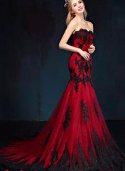 Wine Red Mermaid Long Party Dress with Black Lace, Mermaid Tulle Prom Dress